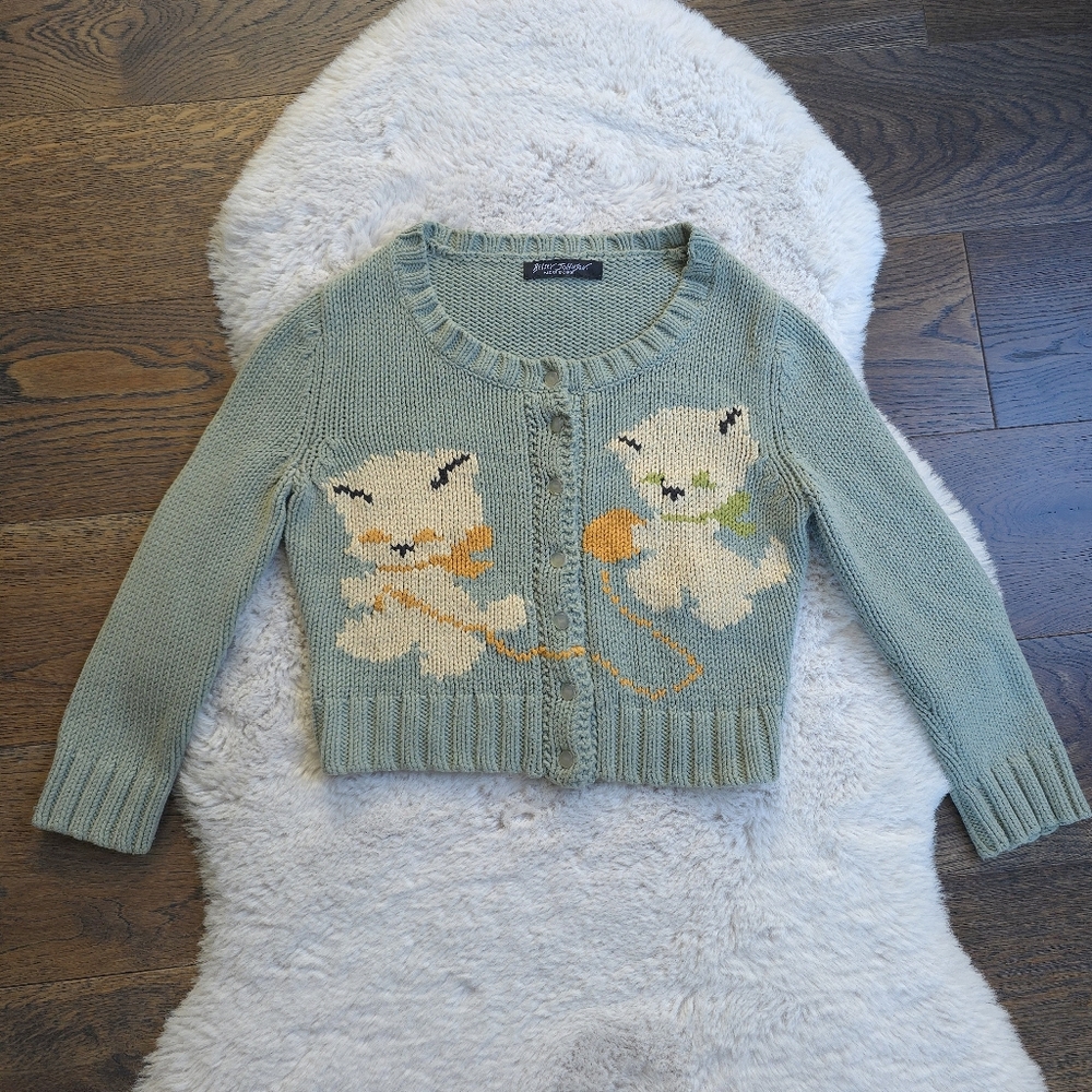 RARE Vintage Betsey Johnson Y2K 90s Novelty Kitten Ball Of Yarn Crop Cardigan